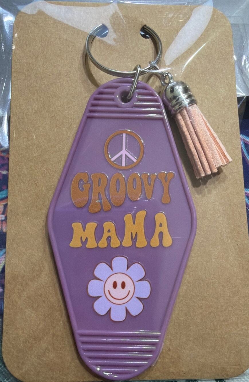 Groovy Mama Purple & Pink Tassel Vintage Hotel Motel Keychain Key Chain Handmade